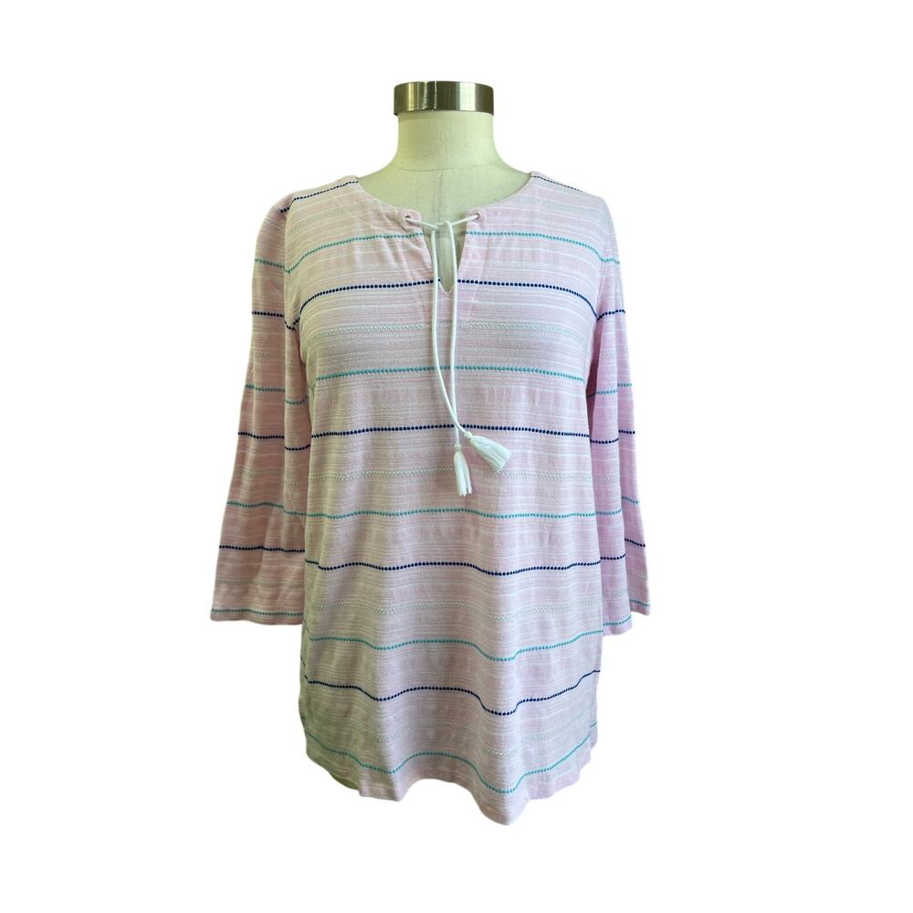 T by Talbots Striped Tunic Top Pink Bell Sleeve Tie Neck Size M‎ Casual